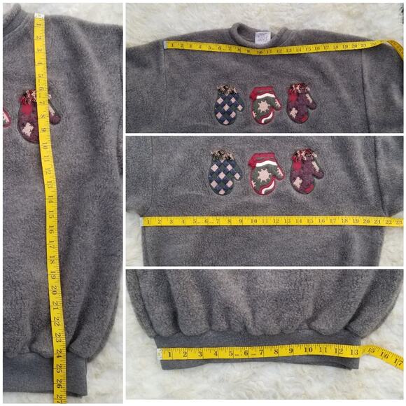 Cozy Y2k Fleece Sweater Art Unlimited M Sweatshirt Gray Mittens Grandma Vtg 90s - Picture 7 of 9